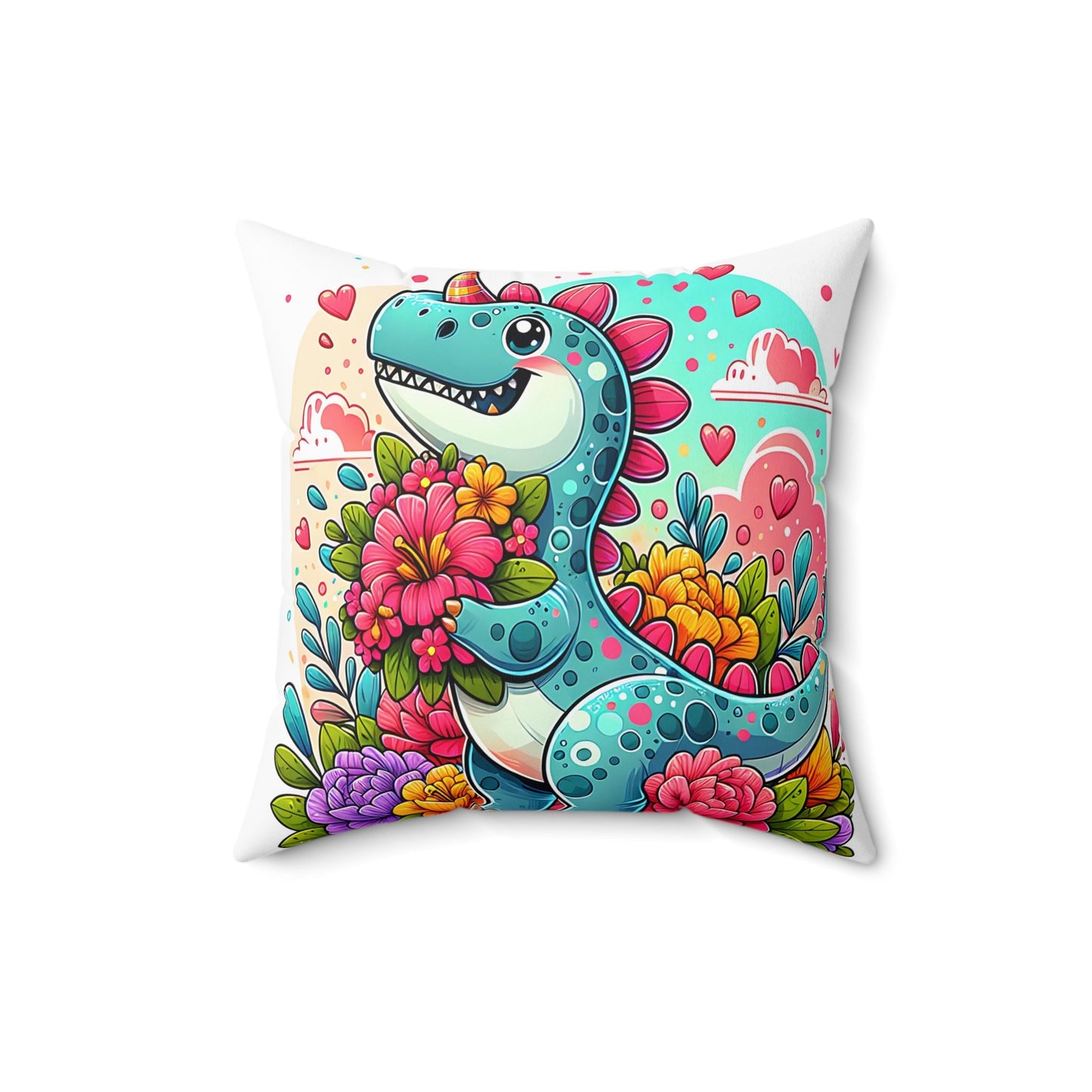 Playful Dinosaur Floral Pillow