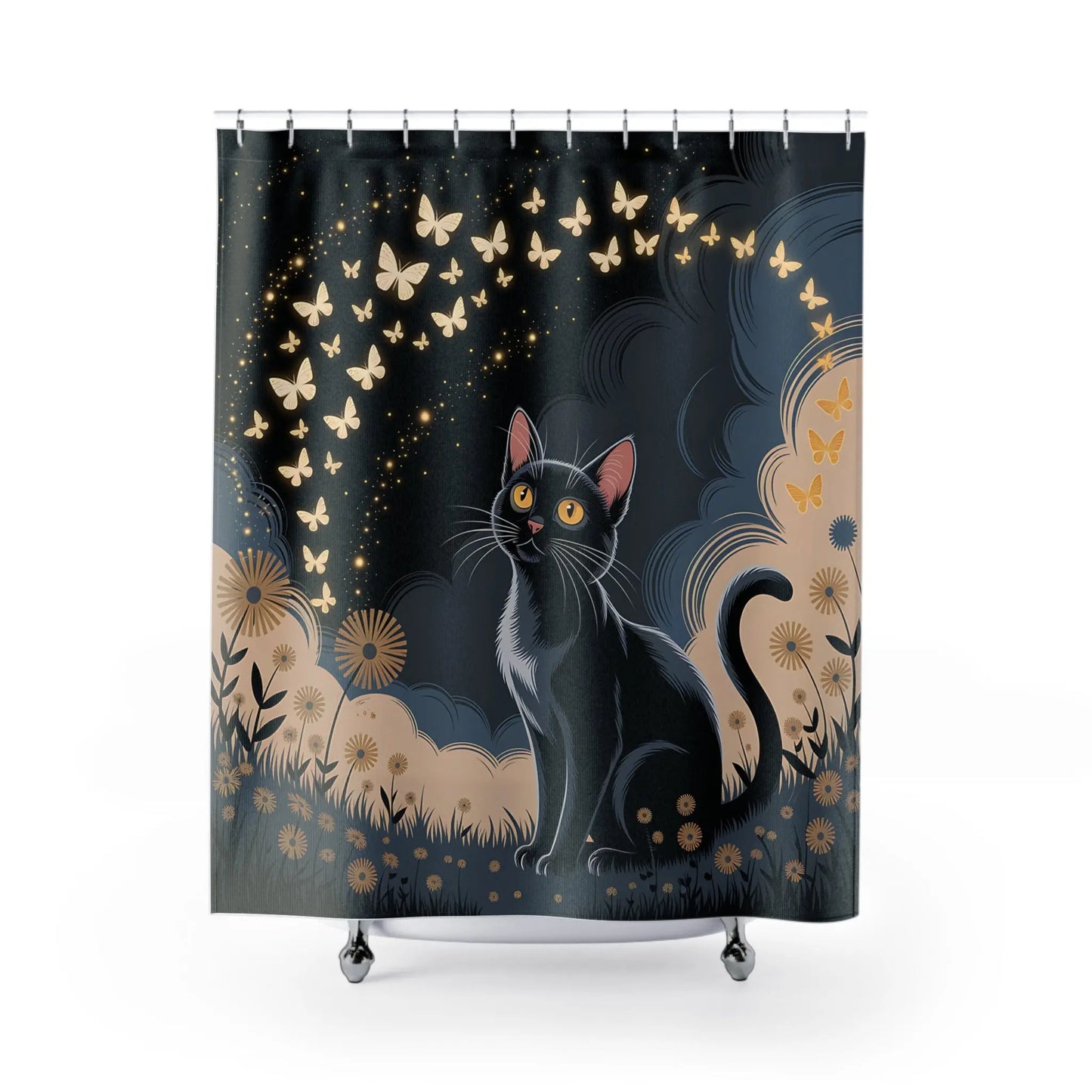 Enchanting Cat & Butterfly Shower Curtain