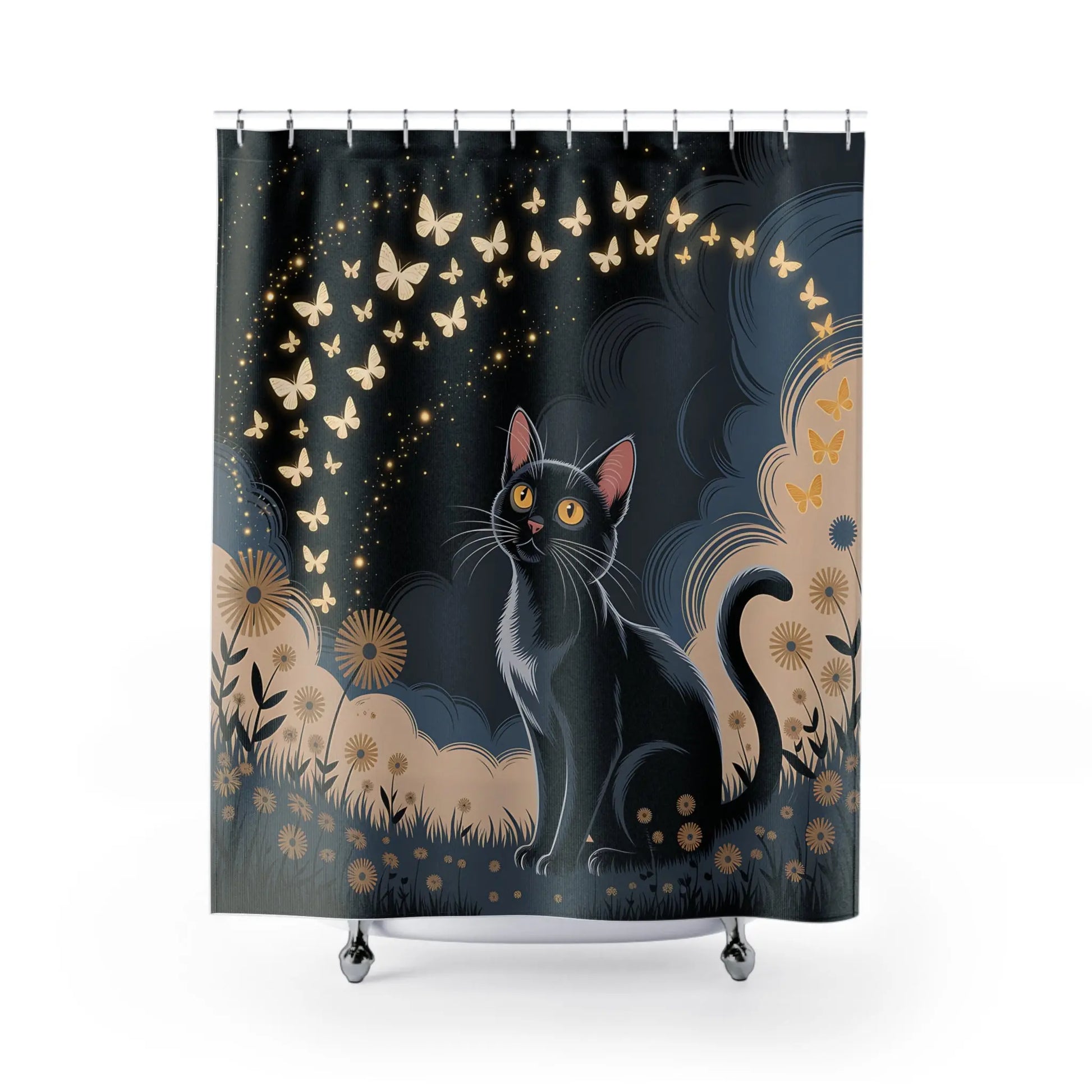 Enchanting Cat & Butterfly Shower Curtain