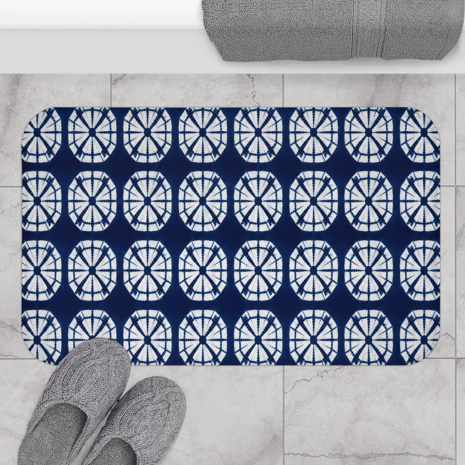 Japanese Shibori Indigo Bath Mat - Navy Blue Tie-Dye Pattern, Boho Bathroom Rug, Artisan Style, Non-Slip Bath Rug, Spa Bathroom Decor