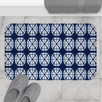Japanese Shibori Indigo Bath Mat - Navy Blue Tie-Dye Pattern, Boho Bathroom Rug, Artisan Style, Non-Slip Bath Rug, Spa Bathroom Decor