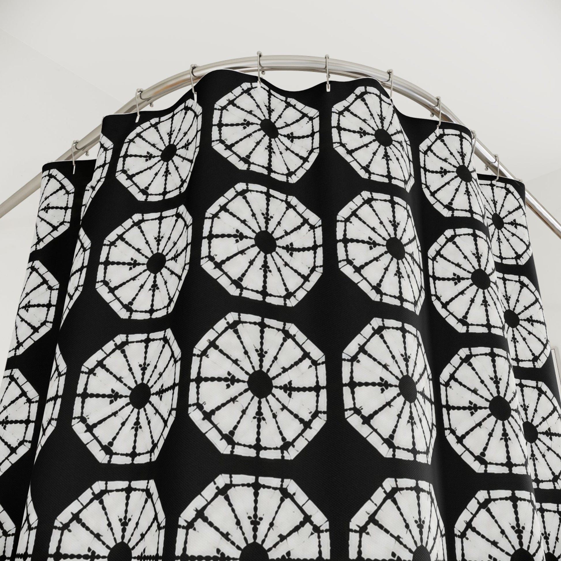 Japanese Shibori Shower Curtain - Black + White Tie-Dye Pattern, Boho Bathroom Decor, Artisan Style, Water Resistant