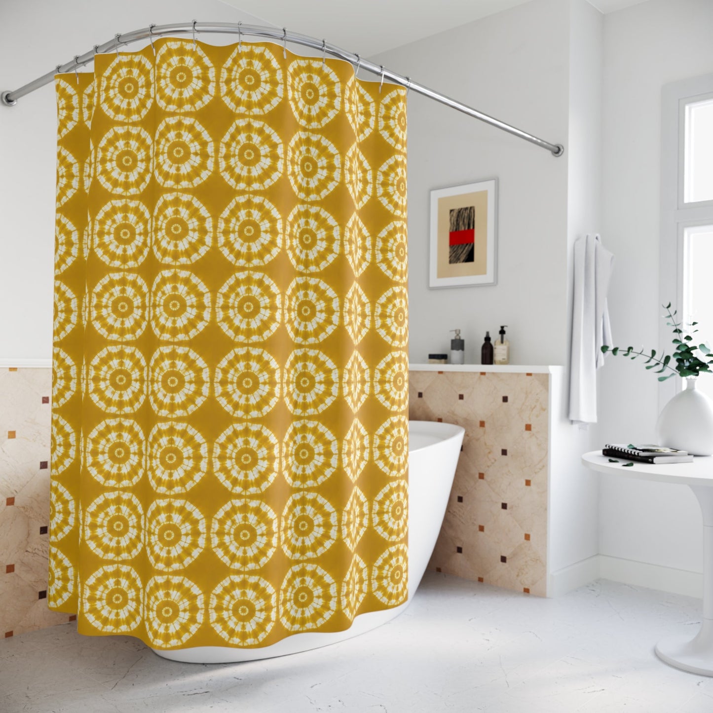 Japanese Shibori Shower Curtain - Mustard + White Tie-Dye Pattern, Boho Bathroom Decor, Artisan Style, Water Resistant