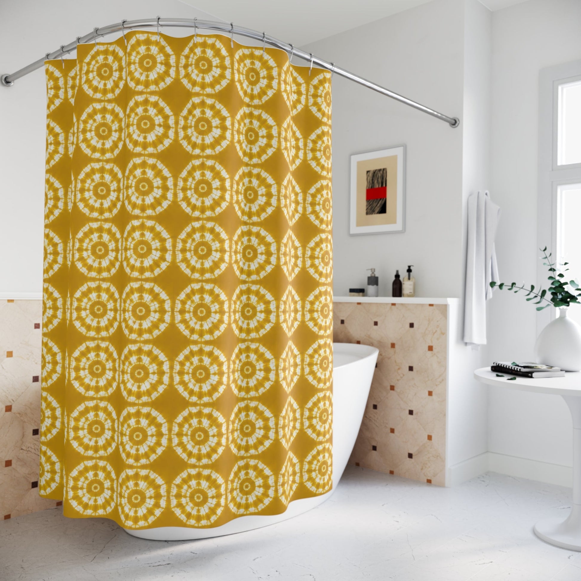 Japanese Shibori Shower Curtain - Mustard + White Tie-Dye Pattern, Boho Bathroom Decor, Artisan Style, Water Resistant