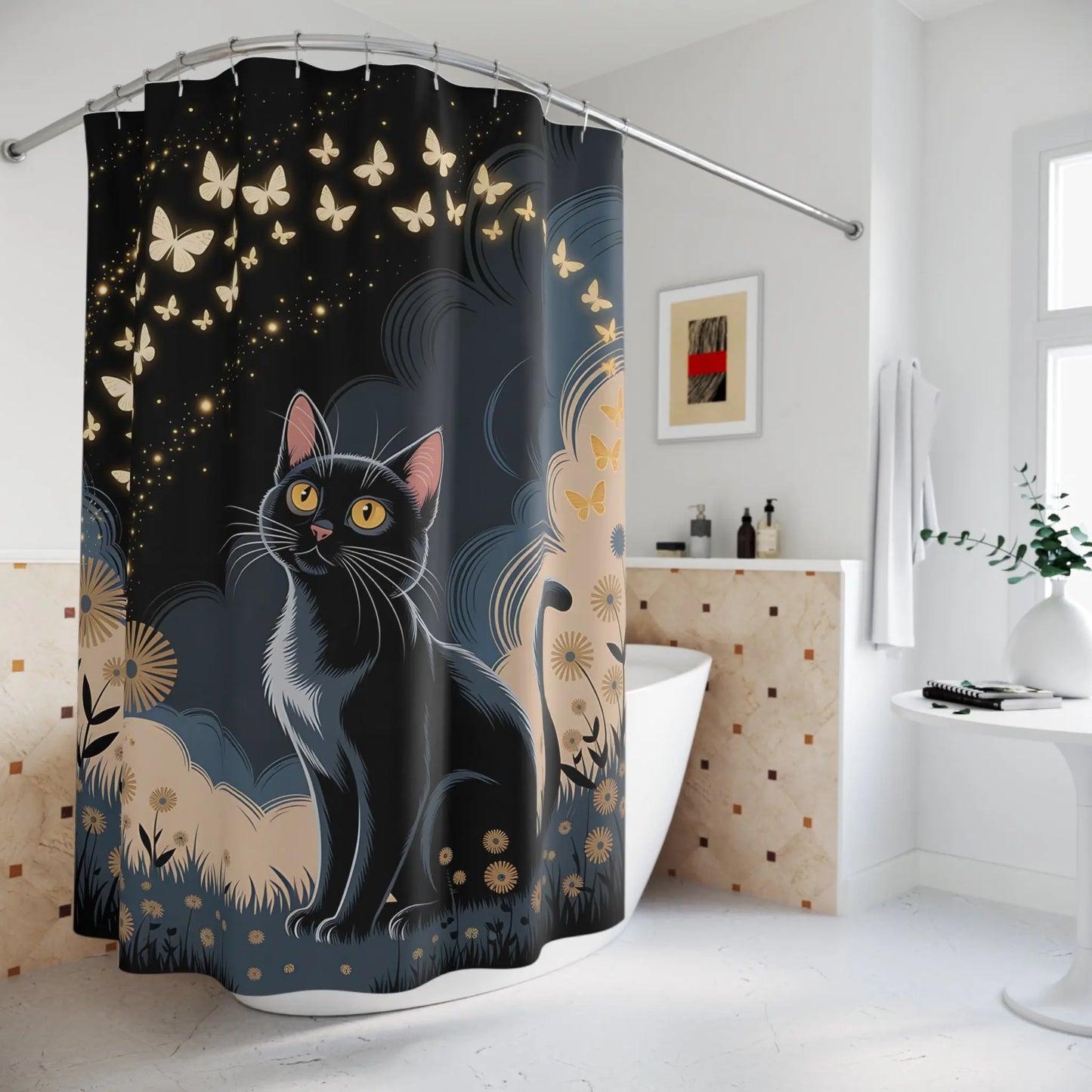Enchanting Cat & Butterfly Shower Curtain