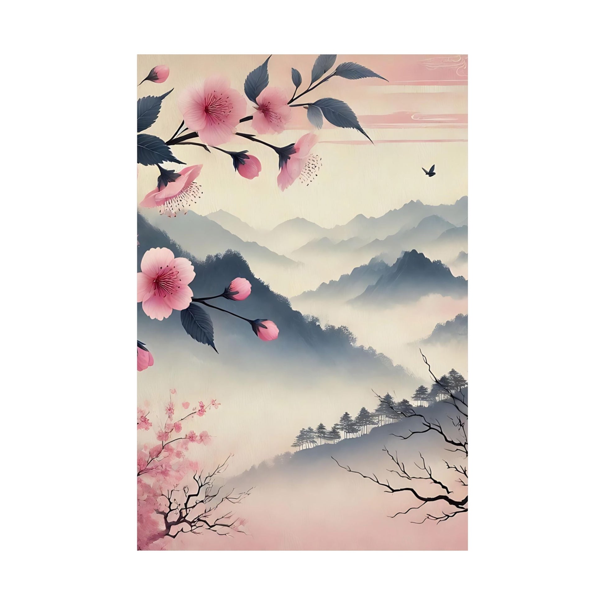 Cherry Blossom Mountain Art Poster