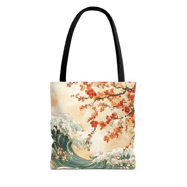 Japanese Cherry Blossom Tree and Water Wave Tote Bag