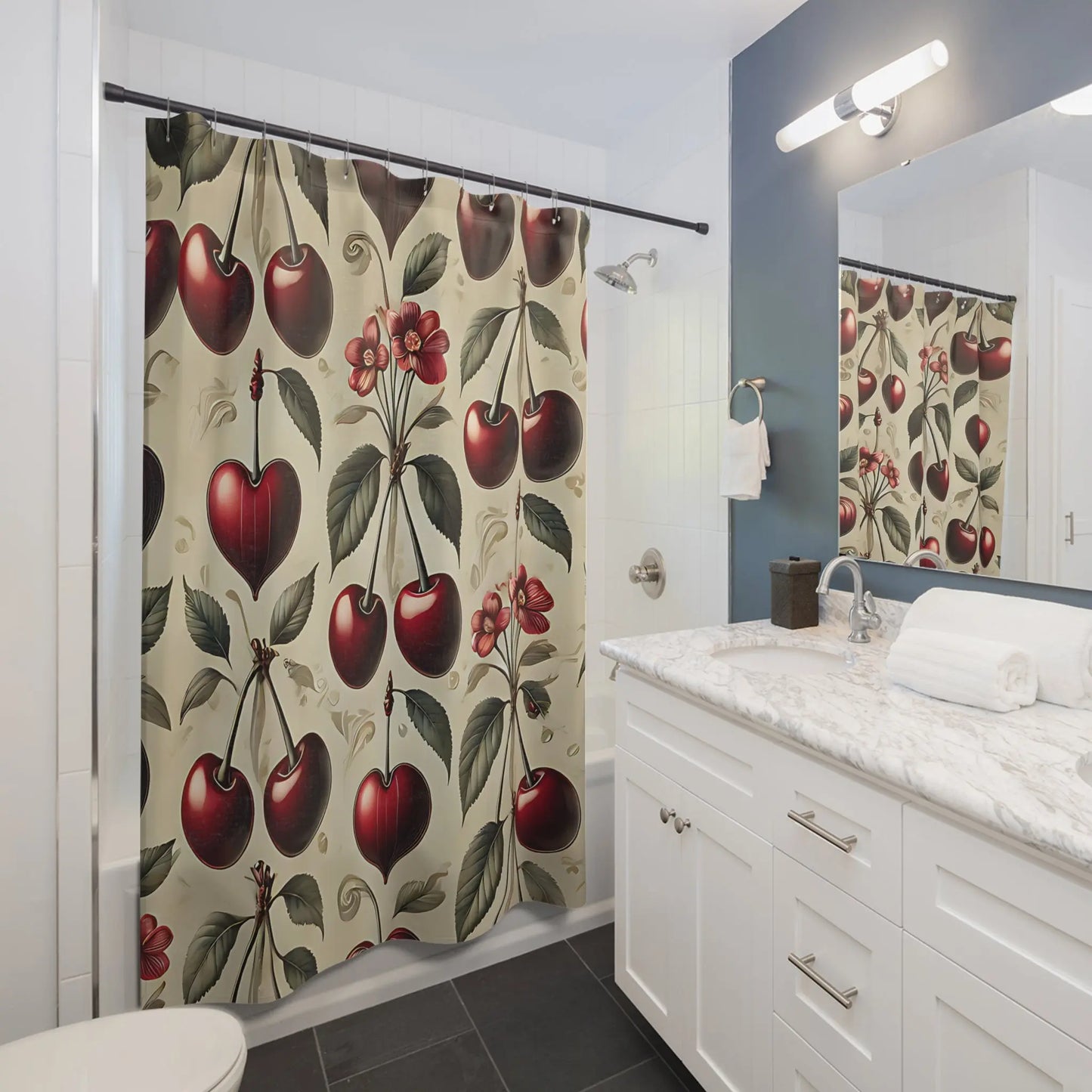 Red Cherries and Hearts Shower Curtain