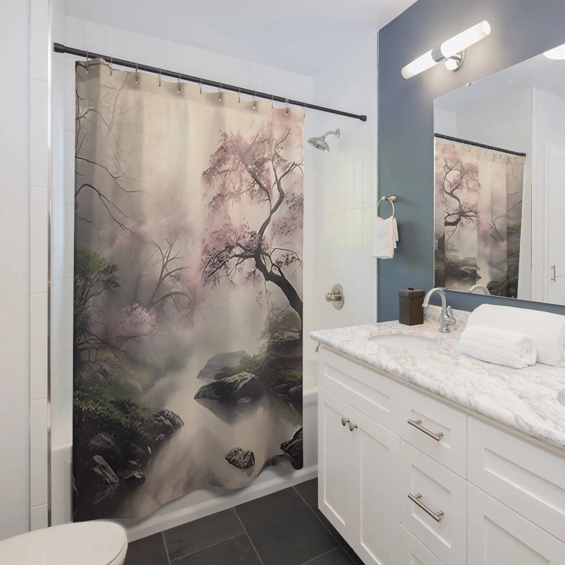 Elegant Misty Cherry Blossom Shower Curtain Tranquil Nature...