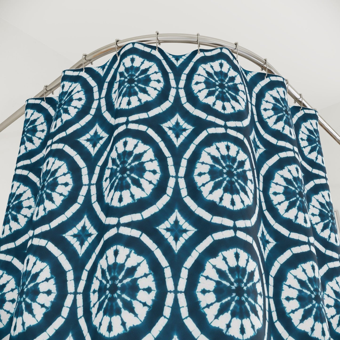 Japanese Shibori Shower Curtain - Teal + White Tie-Dye Pattern, Boho Bathroom Decor, Artisan Style, Water Resistant