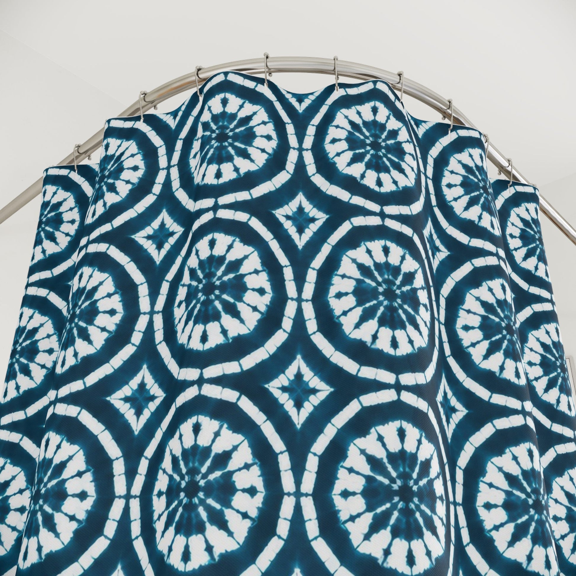 Japanese Shibori Shower Curtain - Teal + White Tie-Dye Pattern, Boho Bathroom Decor, Artisan Style, Water Resistant