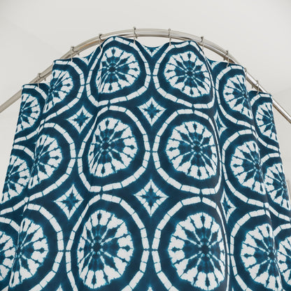Japanese Shibori Shower Curtain - Teal + White Tie-Dye Pattern, Boho Bathroom Decor, Artisan Style, Water Resistant