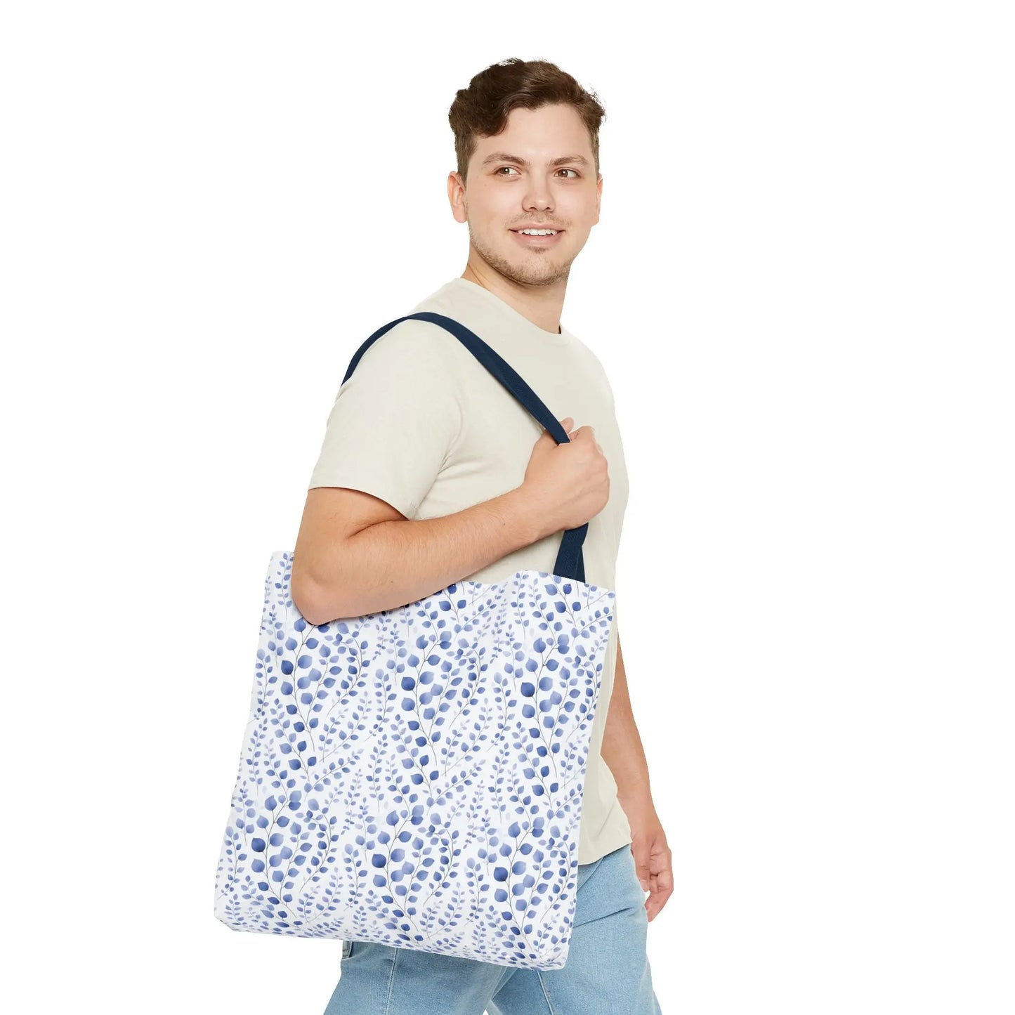 Blue Watercolor Dot Leaf Pattern Tote Bag