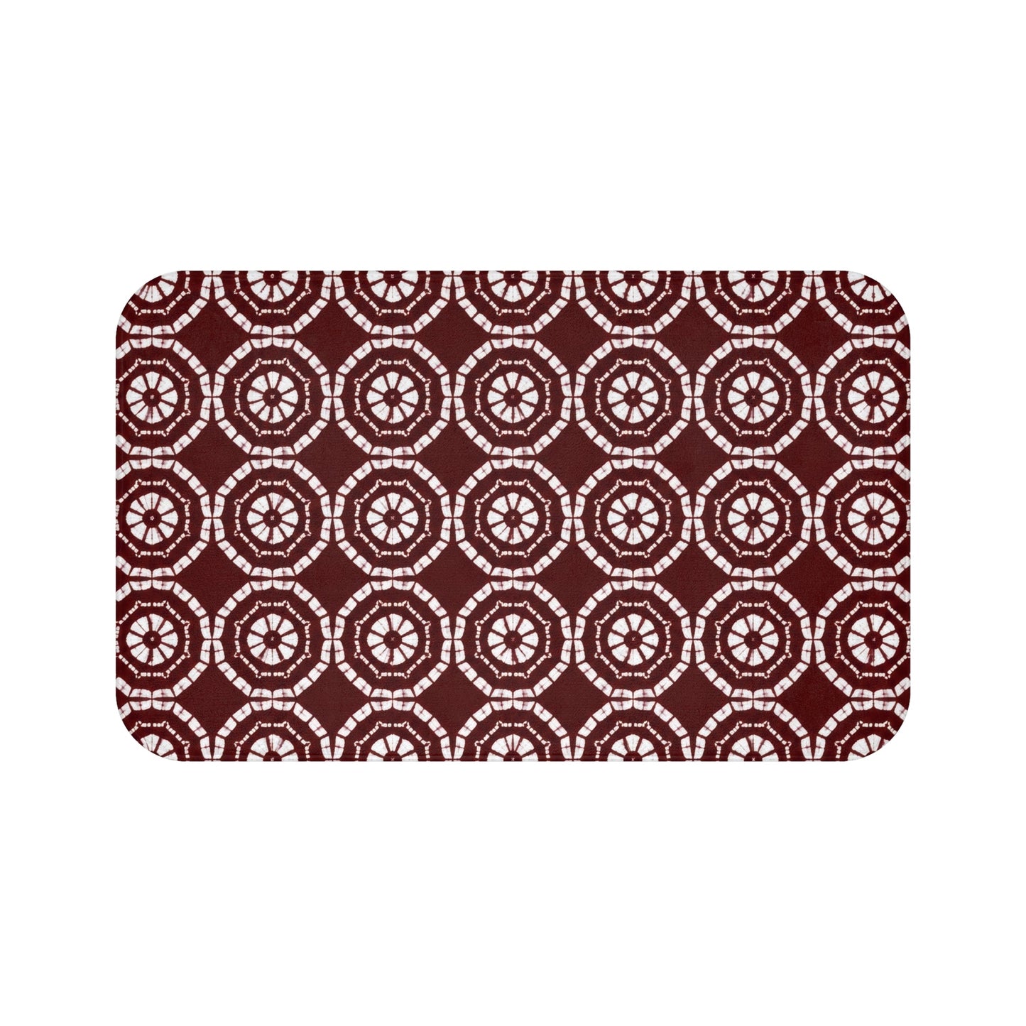 Japanese Shibori Bath Mat - Burgundy + White Tie-Dye Pattern, Boho Bathroom Rug, Non-Slip, Spa Bathroom Decor