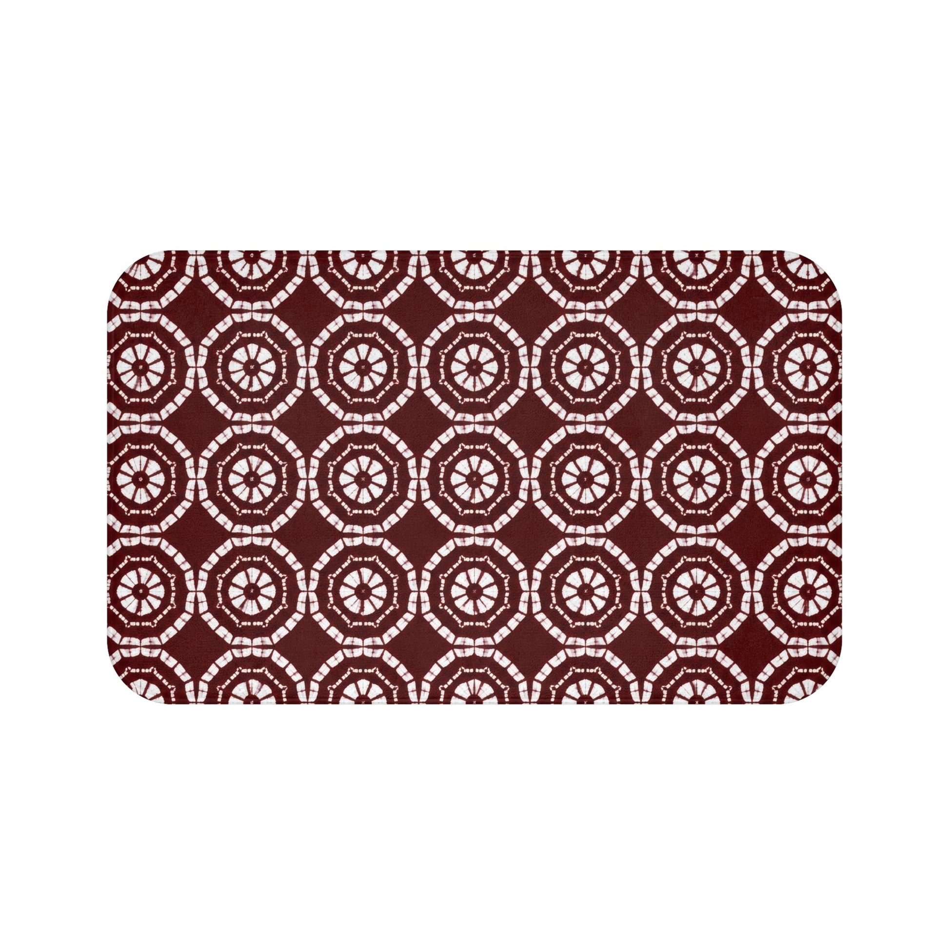 Japanese Shibori Bath Mat - Burgundy + White Tie-Dye Pattern, Boho Bathroom Rug, Non-Slip, Spa Bathroom Decor