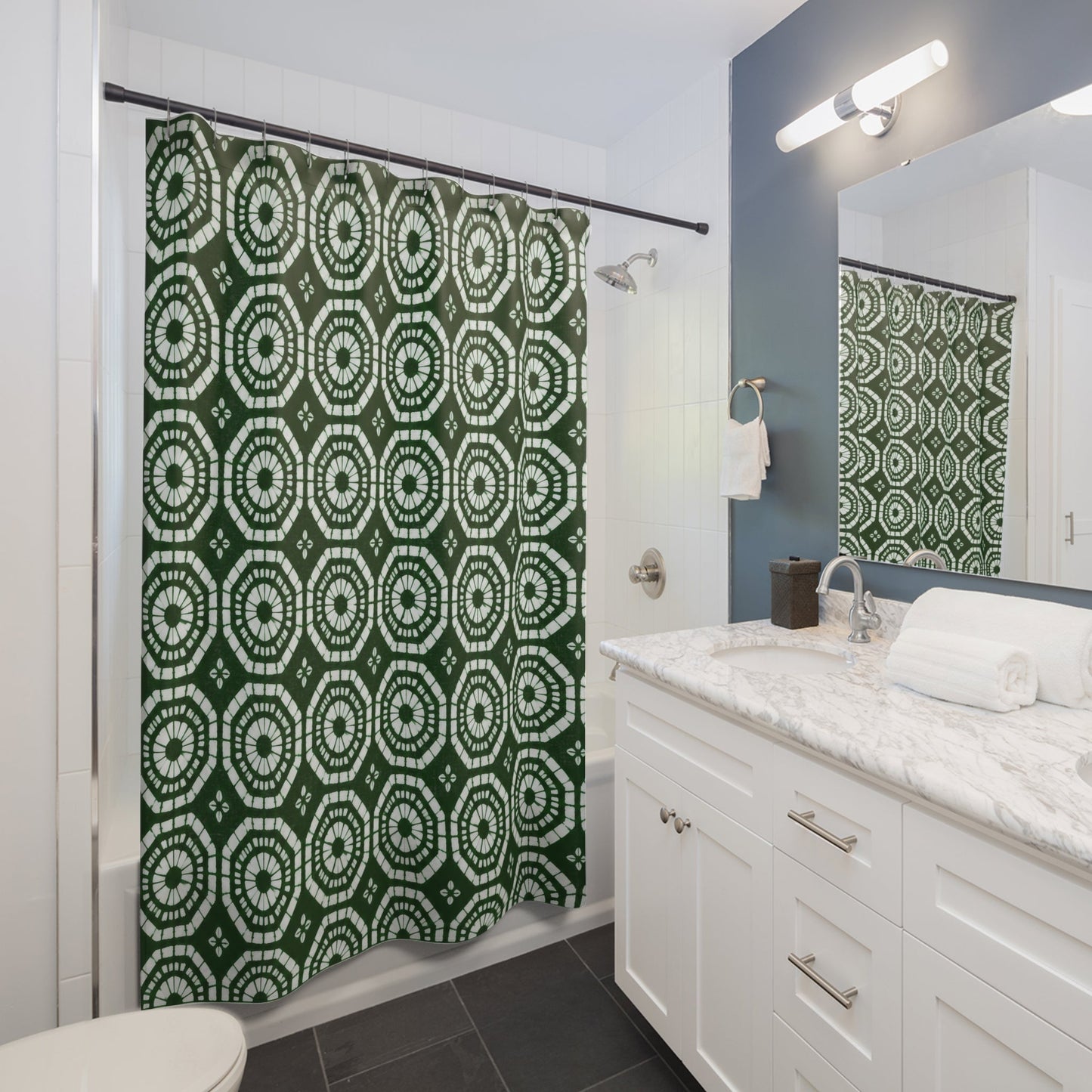 Japanese Shibori Shower Curtain - Forest Green + White Tie-Dye Pattern, Boho Bathroom Decor, Artisan Style, Water Resistant