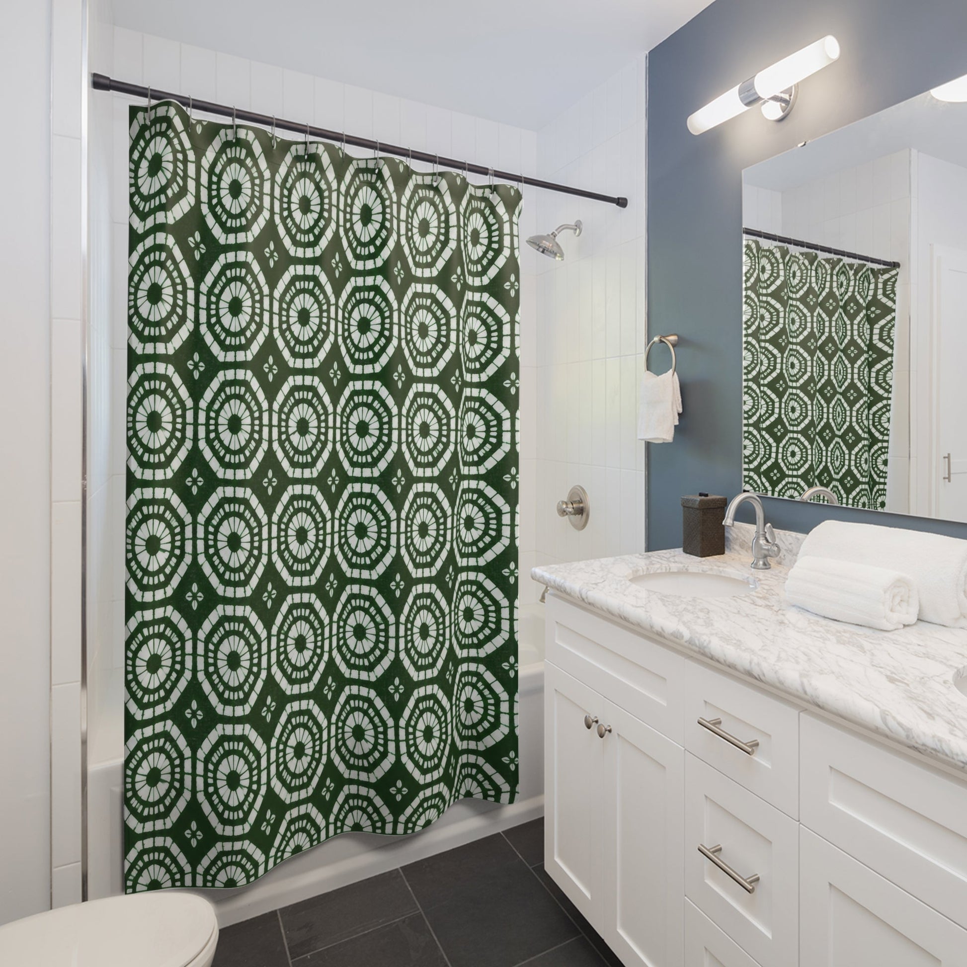 Japanese Shibori Shower Curtain - Forest Green + White Tie-Dye Pattern, Boho Bathroom Decor, Artisan Style, Water Resistant