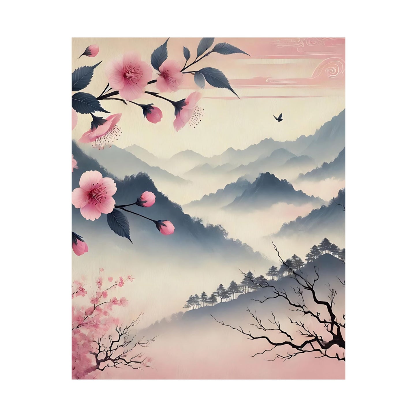 Cherry Blossom Mountain Art Poster