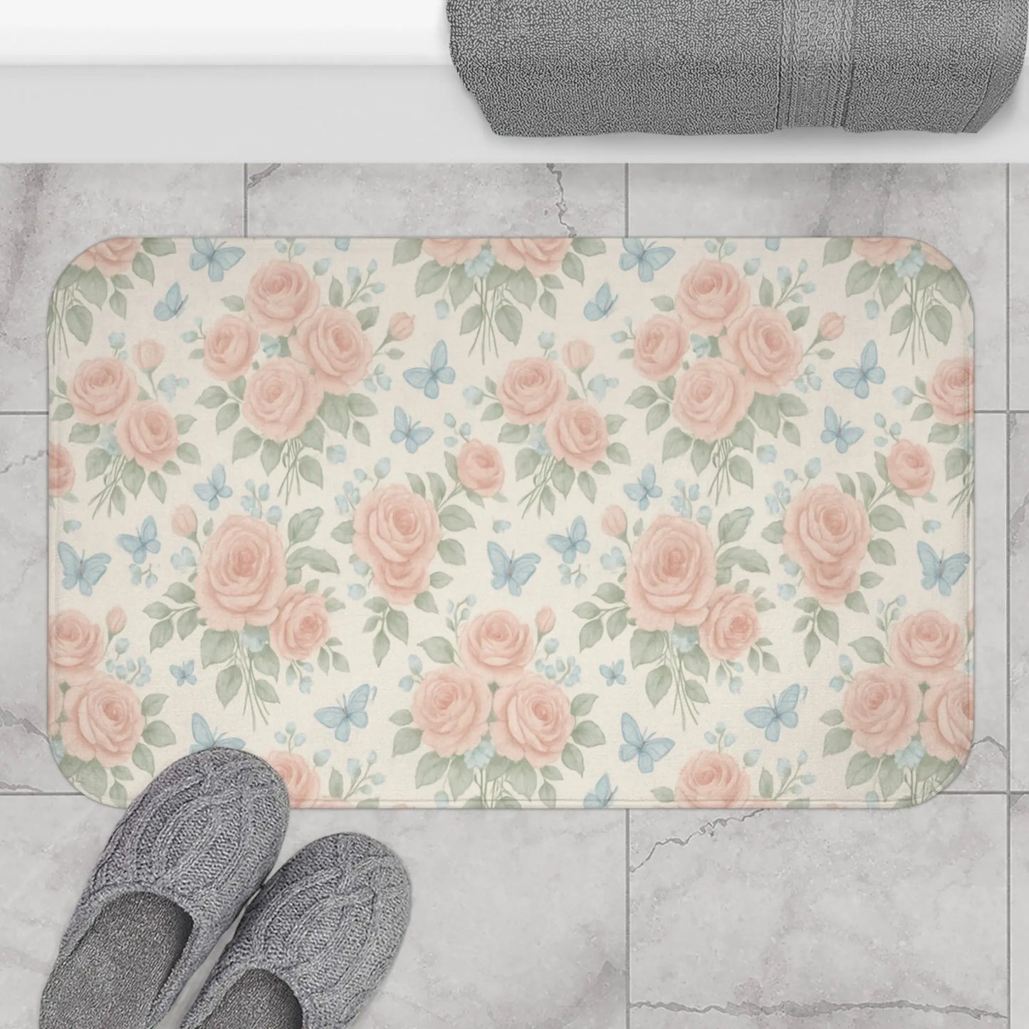 Romantic Rose and Butterfly Bath Mat