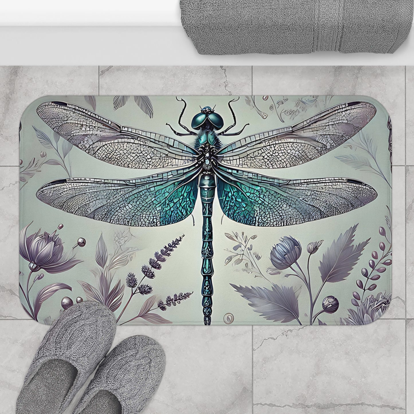 Nature-Inspired Bath Mat with Dragonfly Design