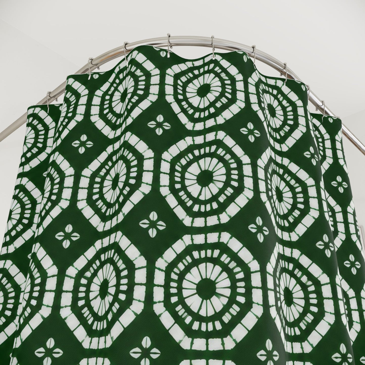 Japanese Shibori Shower Curtain - Forest Green + White Tie-Dye Pattern, Boho Bathroom Decor, Artisan Style, Water Resistant