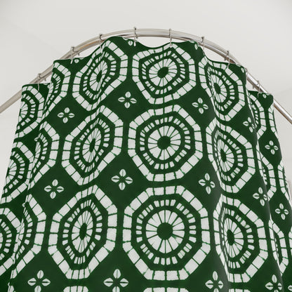 Japanese Shibori Shower Curtain - Forest Green + White Tie-Dye Pattern, Boho Bathroom Decor, Artisan Style, Water Resistant