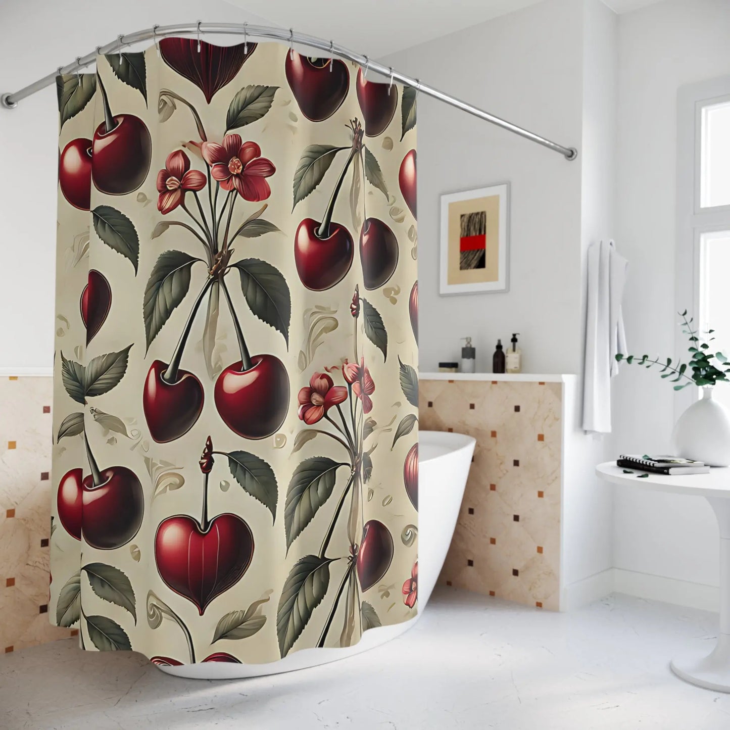 Red Cherries and Hearts Shower Curtain