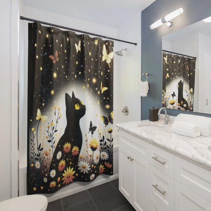 Whimsical Cat and Butterflies Shower Curtain