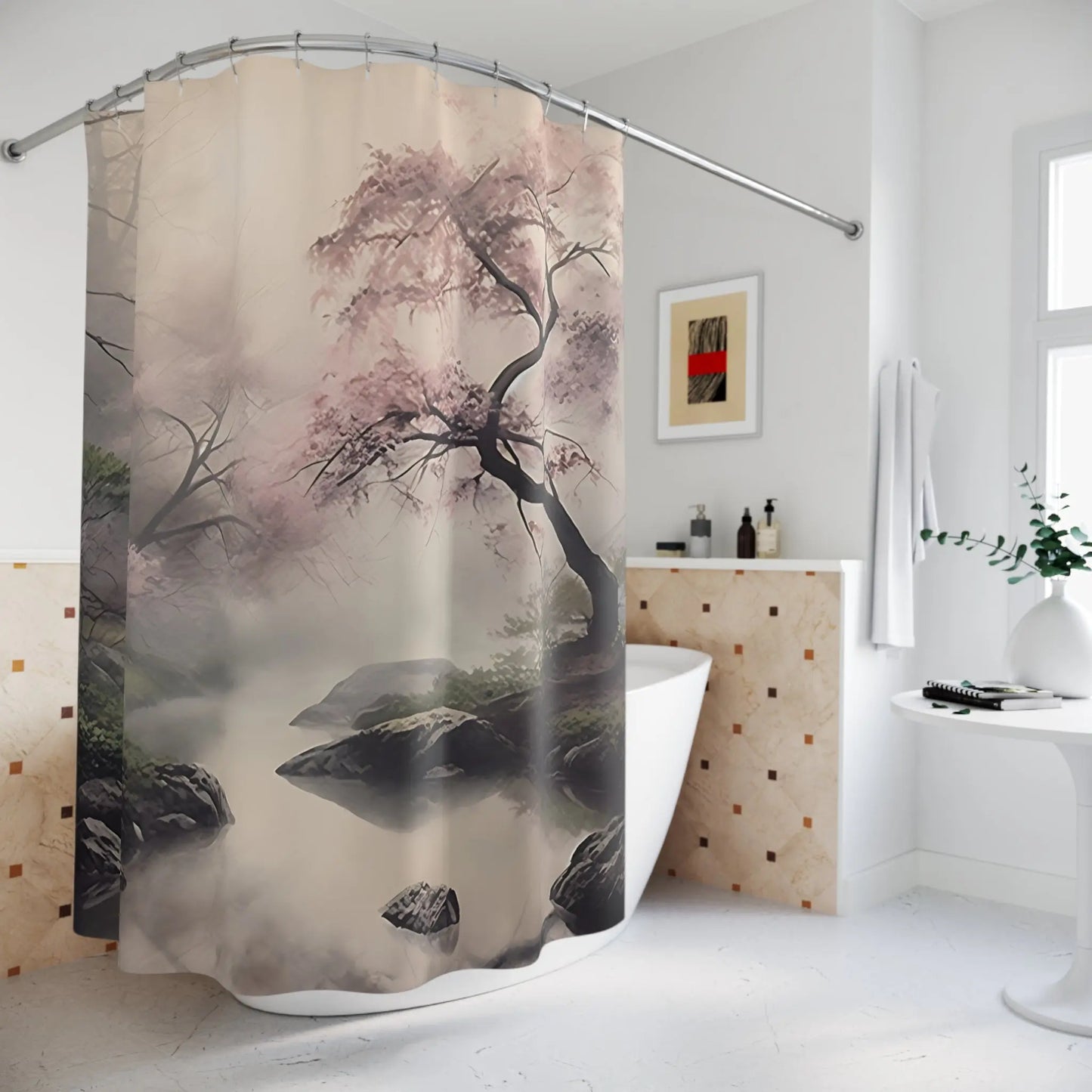 Elegant Misty Cherry Blossom Shower Curtain Tranquil Nature...