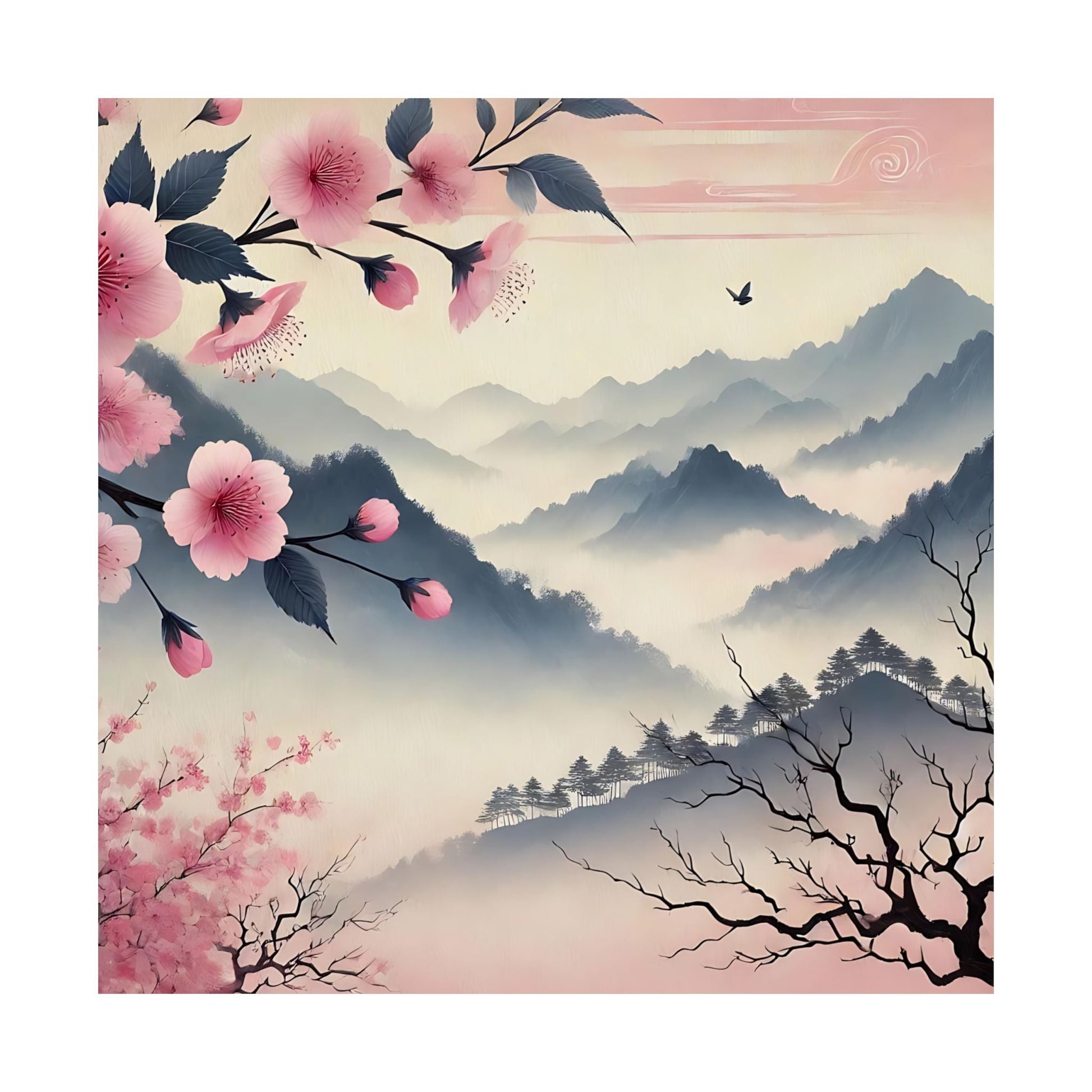 Cherry Blossom Mountain Art Poster
