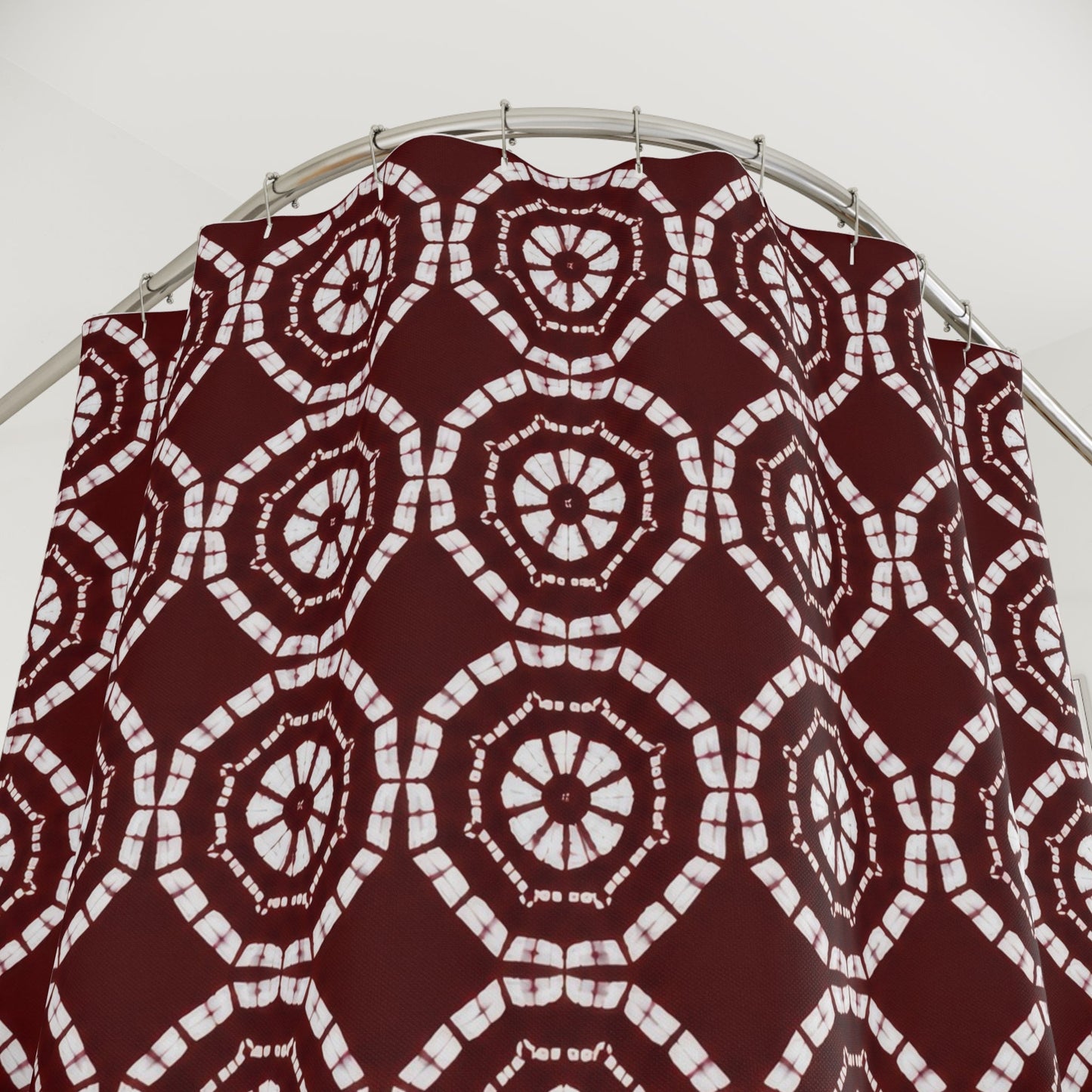 Japanese Shibori Shower Curtain - Burgundy + White Tie-Dye Pattern, Boho Bathroom Decor, Artisan Style, Water Resistant