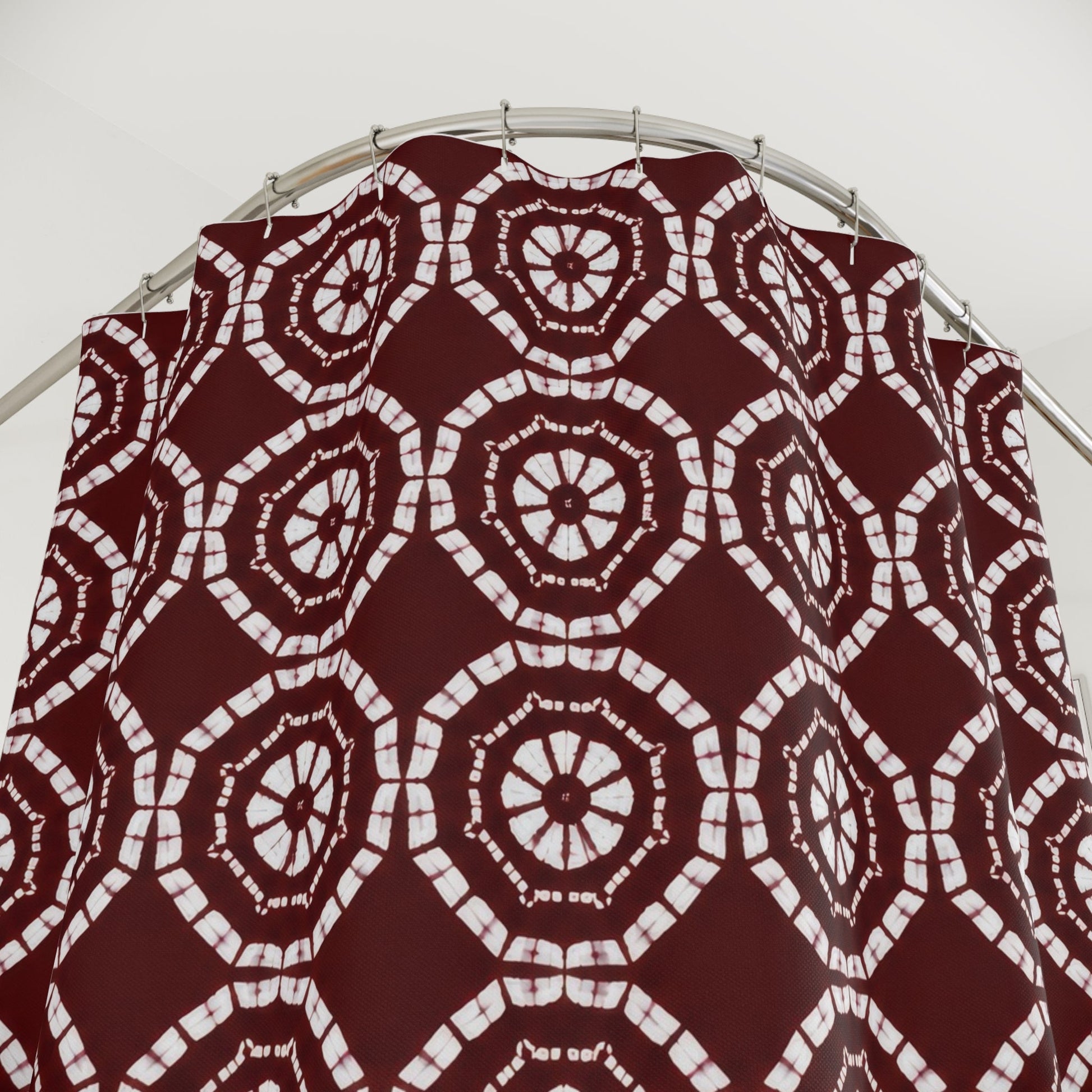 Japanese Shibori Shower Curtain - Burgundy + White Tie-Dye Pattern, Boho Bathroom Decor, Artisan Style, Water Resistant