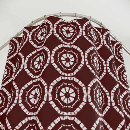 Japanese Shibori Shower Curtain - Burgundy + White Tie-Dye Pattern, Boho Bathroom Decor, Artisan Style, Water Resistant