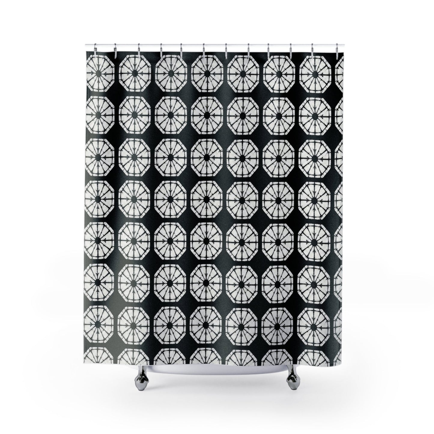 Japanese Shibori Shower Curtain - Black + White Tie-Dye Pattern, Boho Bathroom Decor, Artisan Style, Water Resistant