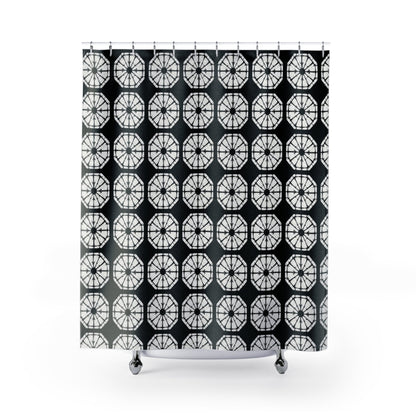 Japanese Shibori Shower Curtain - Black + White Tie-Dye Pattern, Boho Bathroom Decor, Artisan Style, Water Resistant