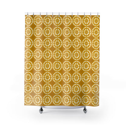 Japanese Shibori Shower Curtain - Mustard + White Tie-Dye Pattern, Boho Bathroom Decor, Artisan Style, Water Resistant