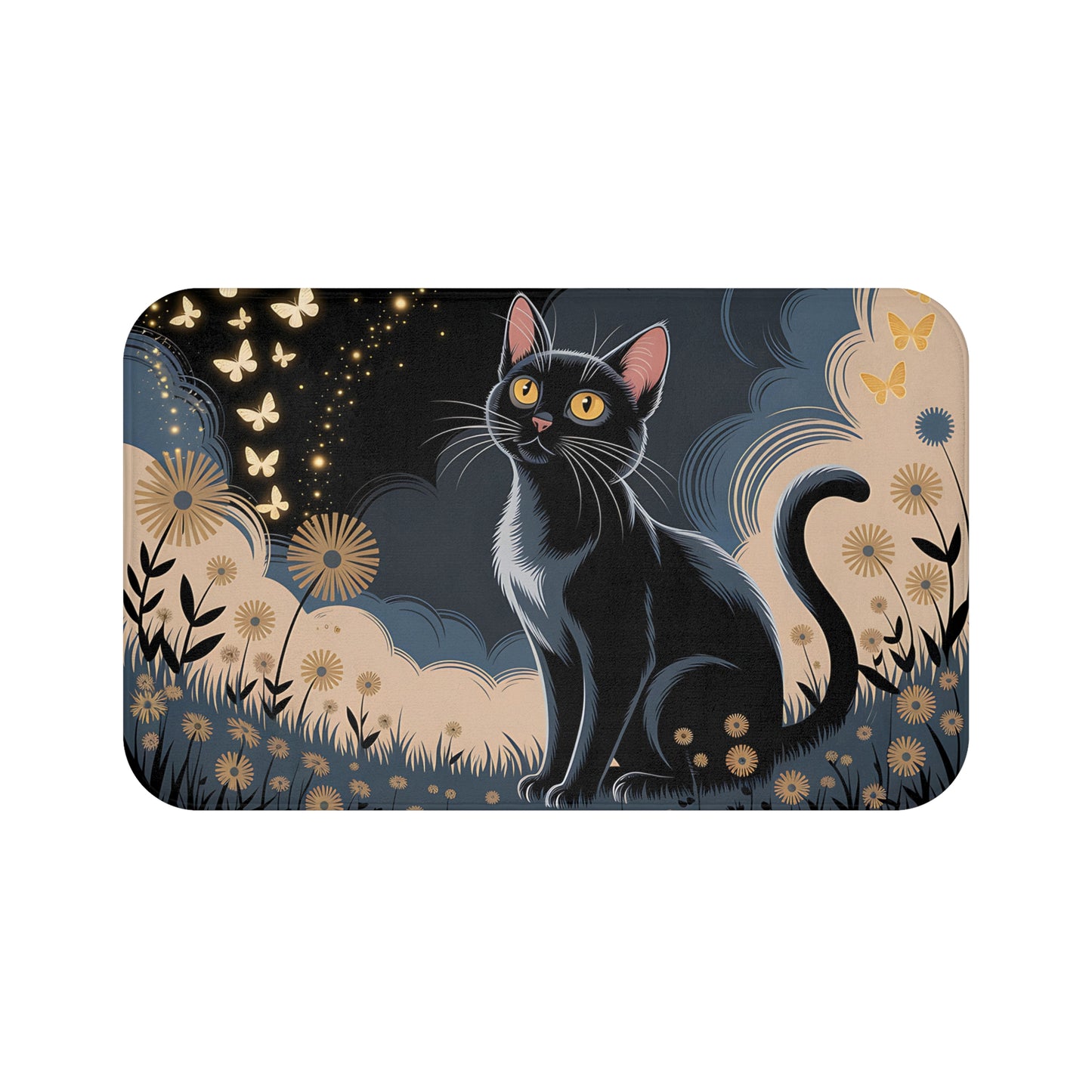 Art Nouveau Black Cat Botanical Bath Mat
