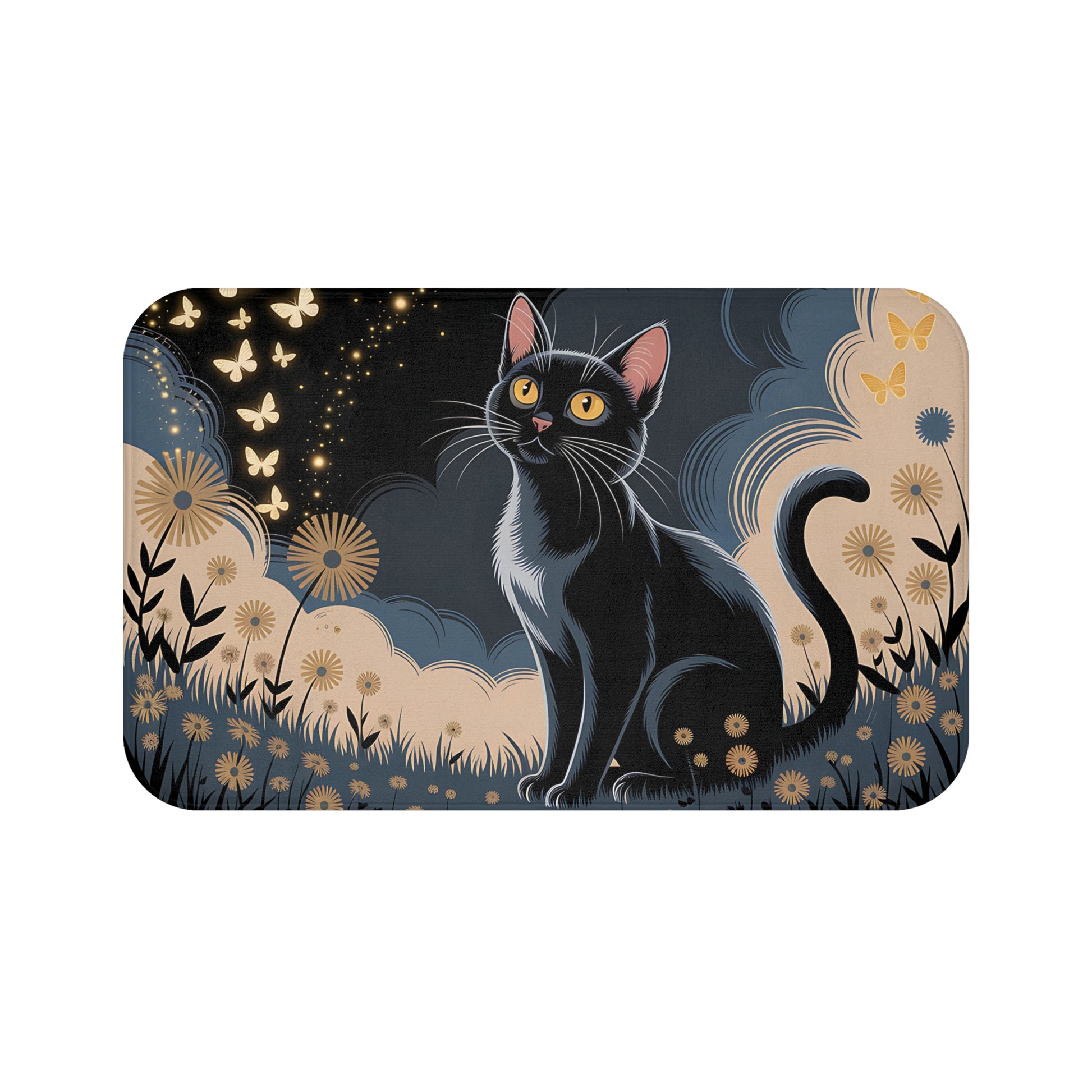 Art Nouveau Black Cat Botanical Bath Mat