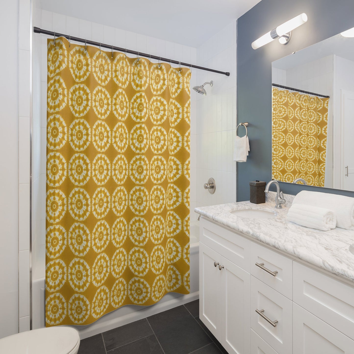 Japanese Shibori Shower Curtain - Mustard + White Tie-Dye Pattern, Boho Bathroom Decor, Artisan Style, Water Resistant