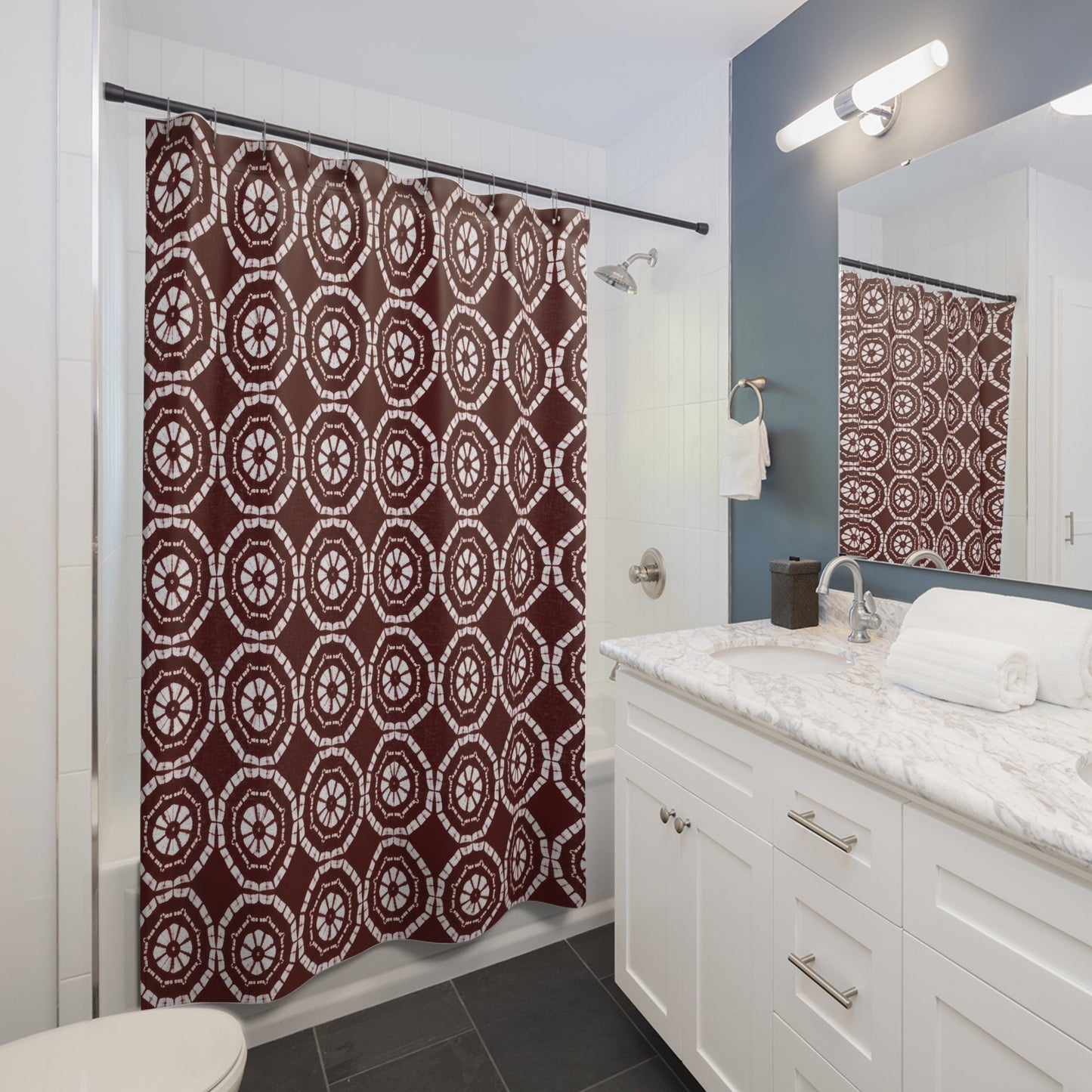 Japanese Shibori Shower Curtain - Burgundy + White Tie-Dye Pattern, Boho Bathroom Decor, Artisan Style, Water Resistant