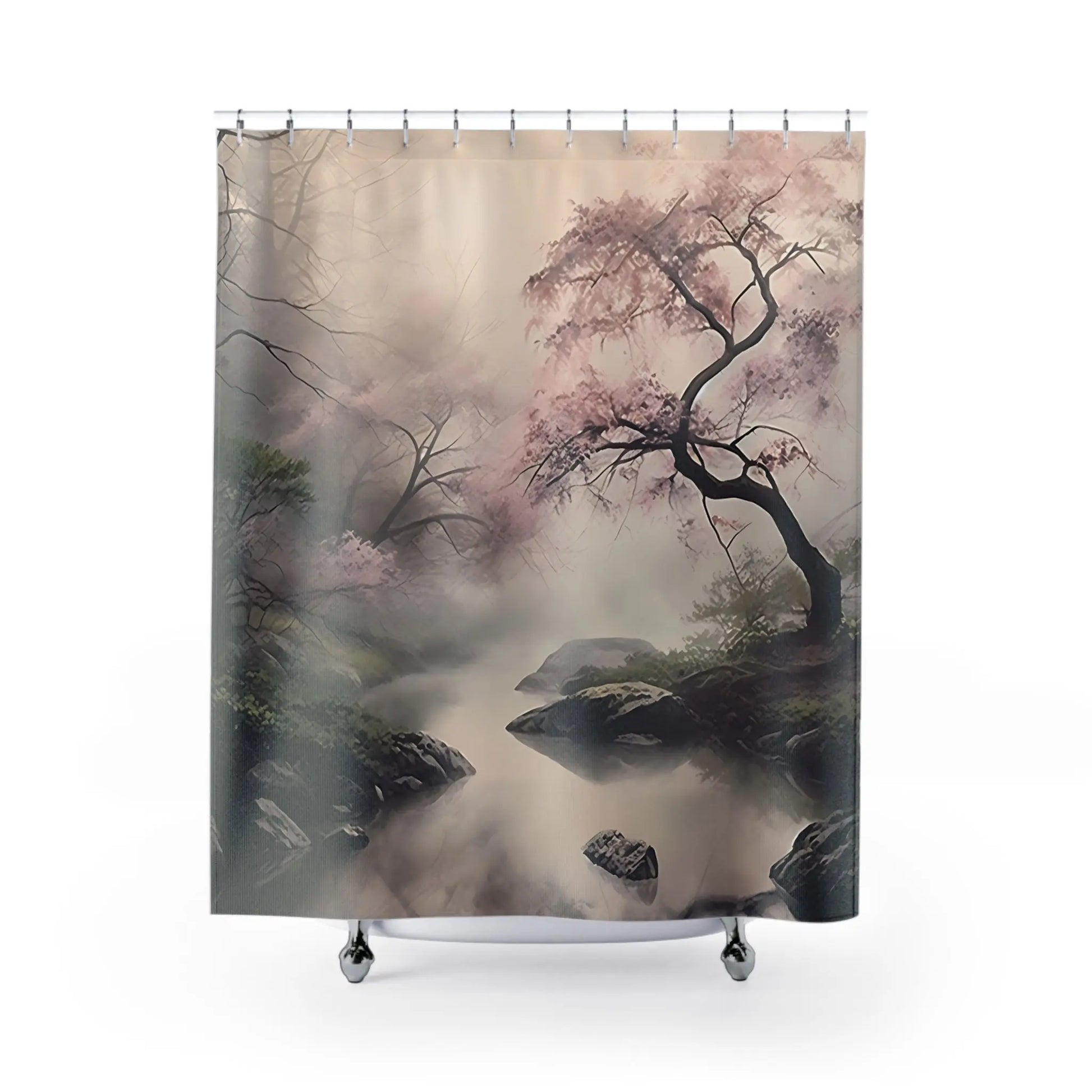 Elegant Misty Cherry Blossom Shower Curtain Tranquil Nature...