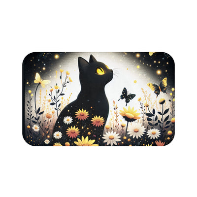Moonlit Black Cat Wildflower Bath Mat