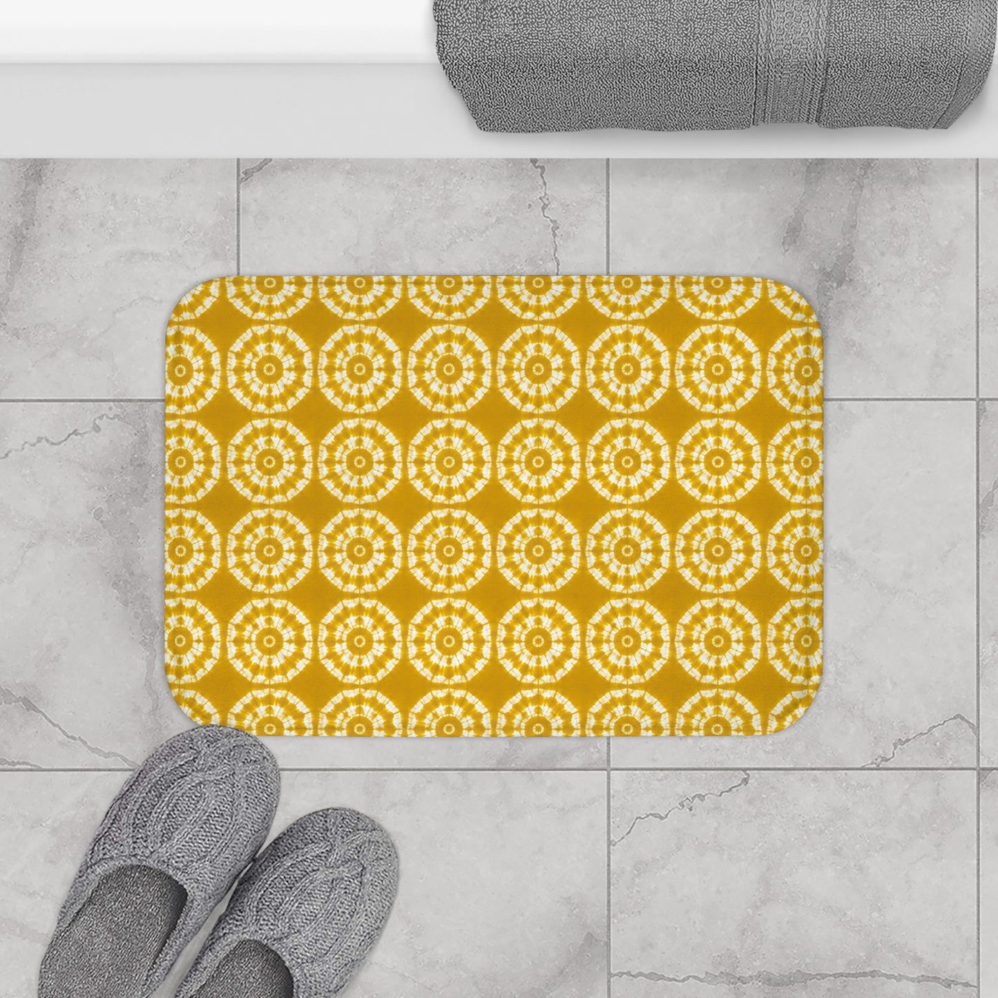 Japanese Shibori Bath Mat - Mustard + White Tie-Dye Pattern, Boho Bathroom Rug, Non-Slip, Spa Bathroom Decor