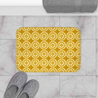 Japanese Shibori Bath Mat - Mustard + White Tie-Dye Pattern, Boho Bathroom Rug, Non-Slip, Spa Bathroom Decor