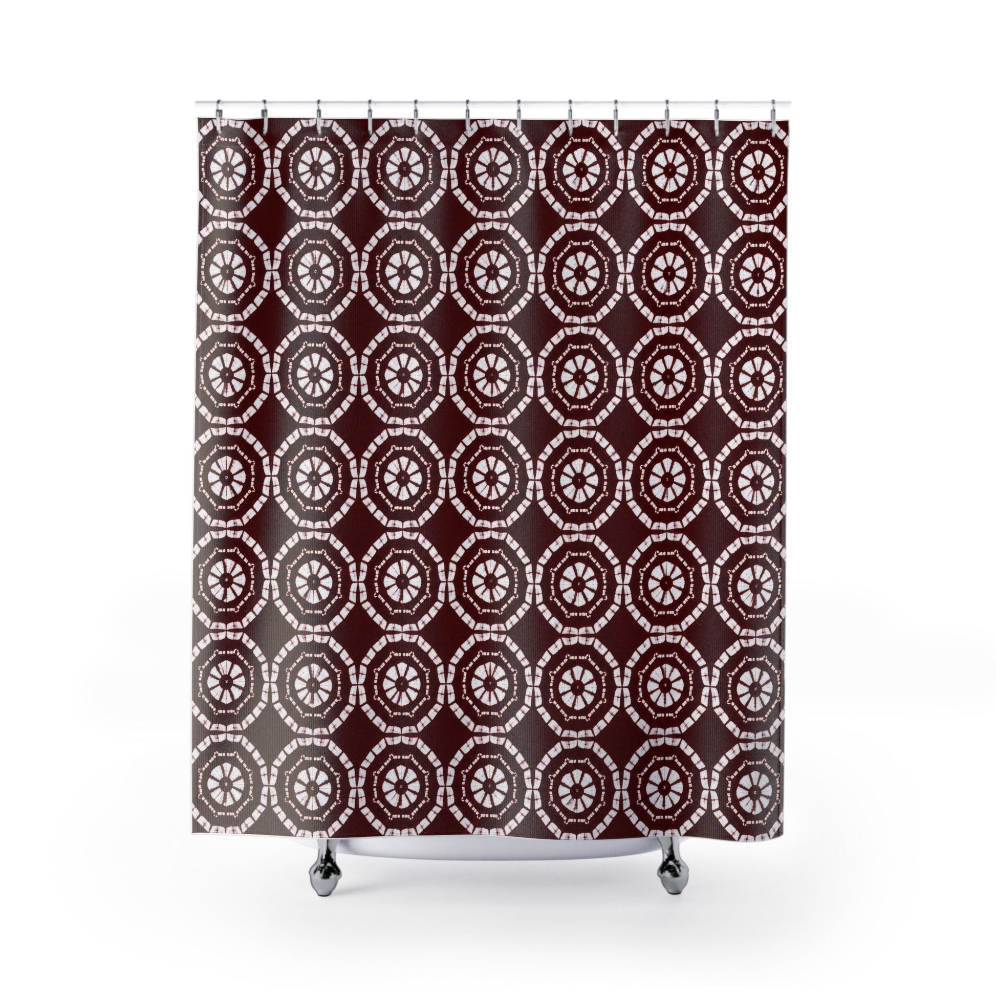 Japanese Shibori Shower Curtain - Burgundy + White Tie-Dye Pattern, Boho Bathroom Decor, Artisan Style, Water Resistant