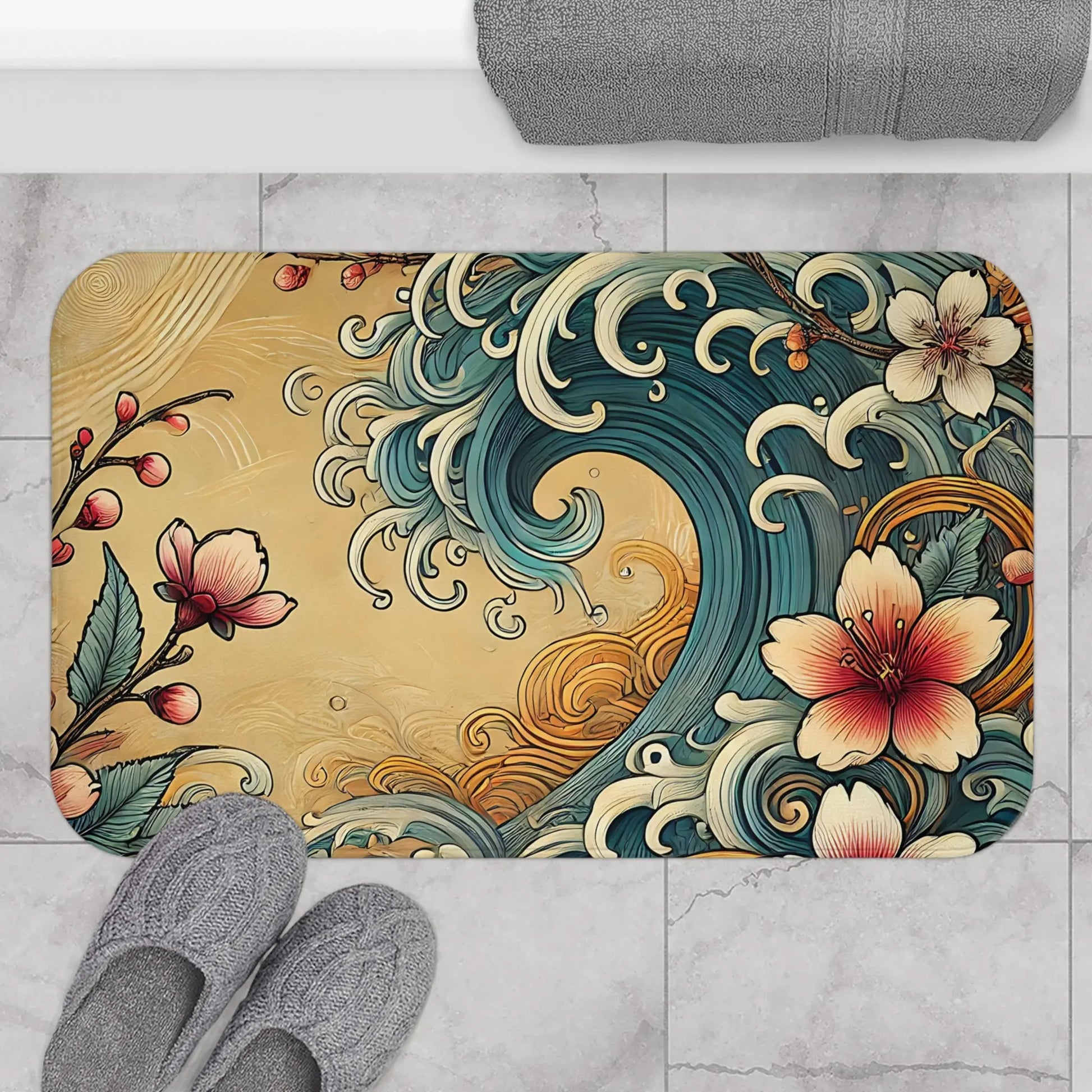 Artistic Floral Wave Bath Mat