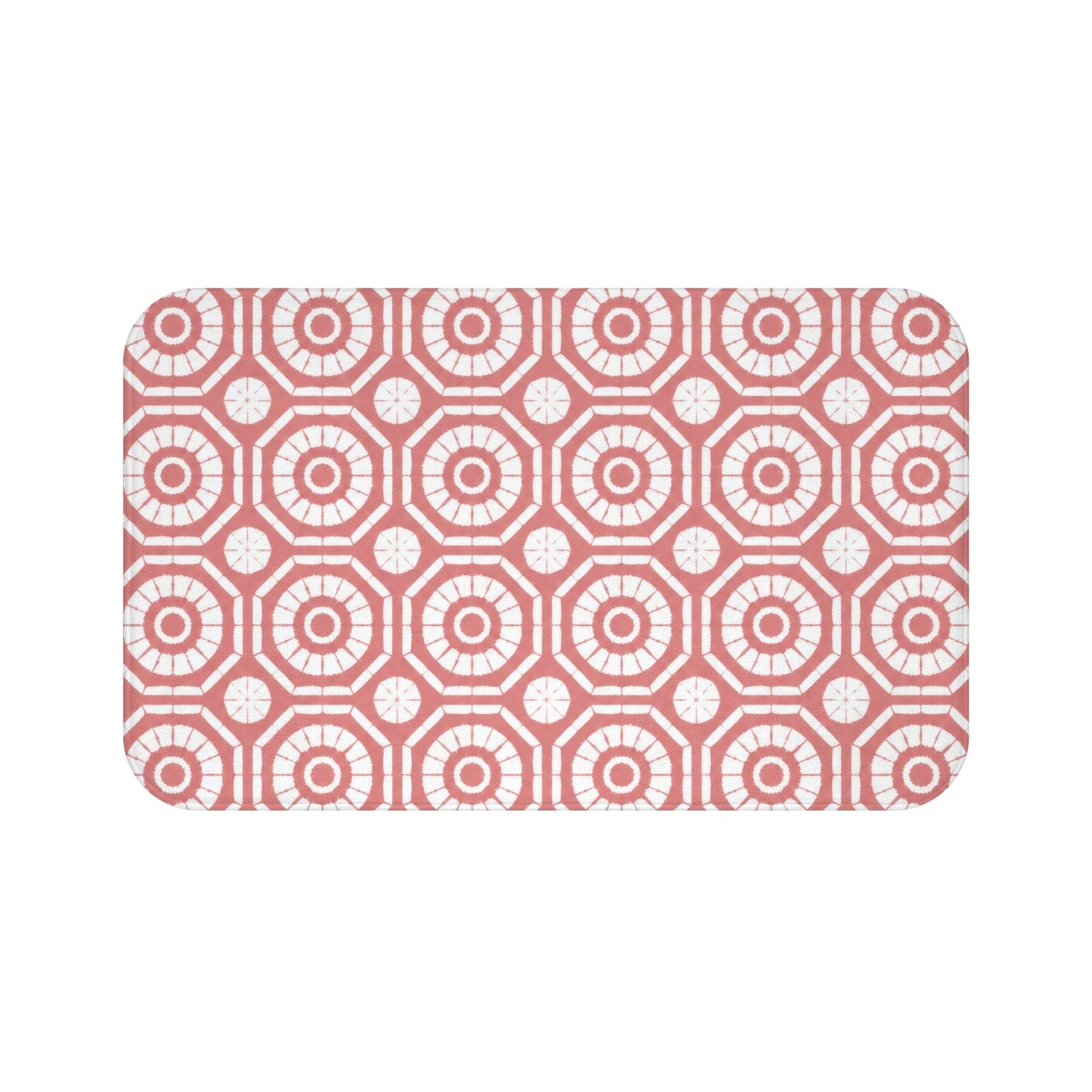 Japanese Shibori Bath Mat - Dusty Rose + White Tie-Dye Pattern, Boho Bathroom Rug, Non-Slip, Spa Bathroom Decor