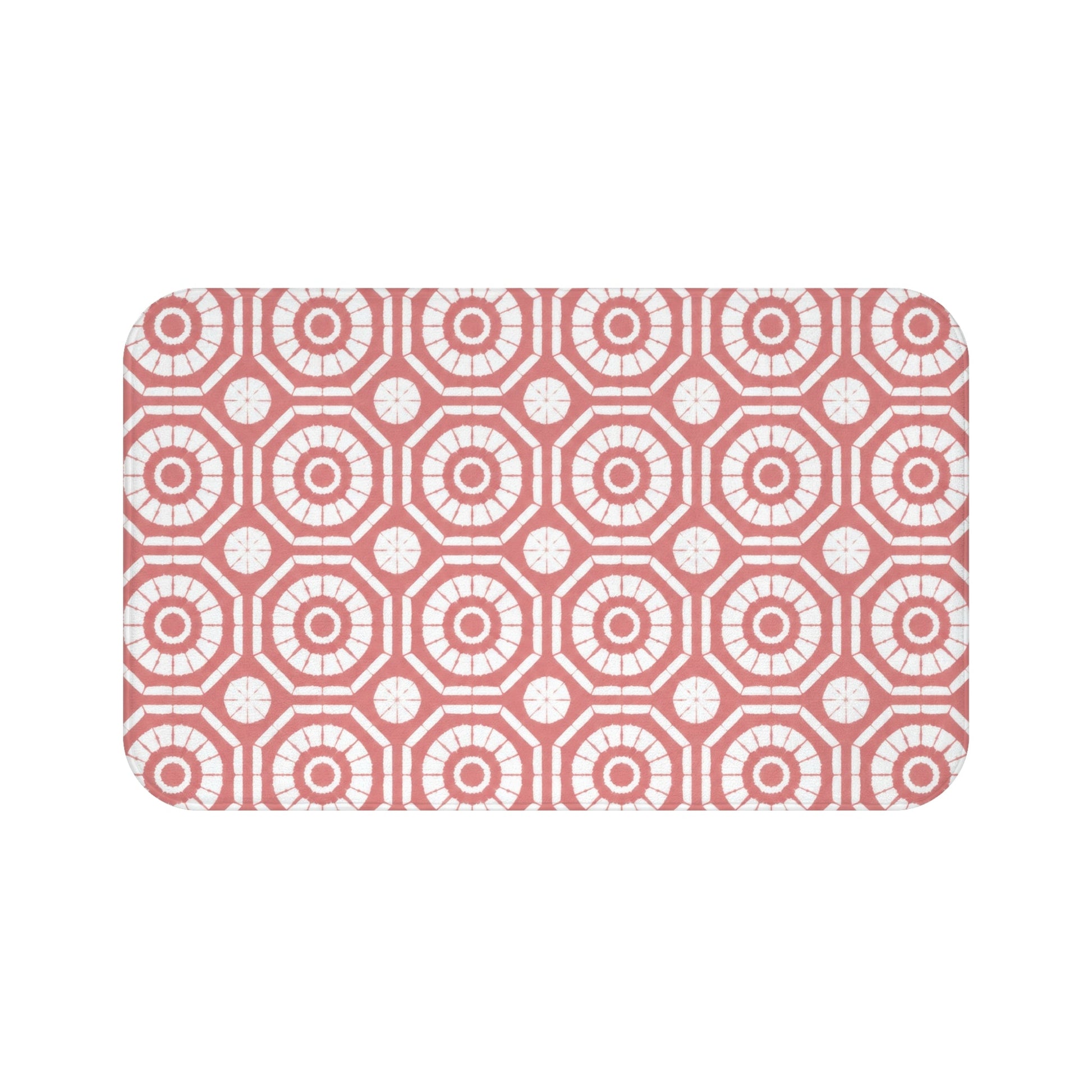 Japanese Shibori Bath Mat - Dusty Rose + White Tie-Dye Pattern, Boho Bathroom Rug, Non-Slip, Spa Bathroom Decor