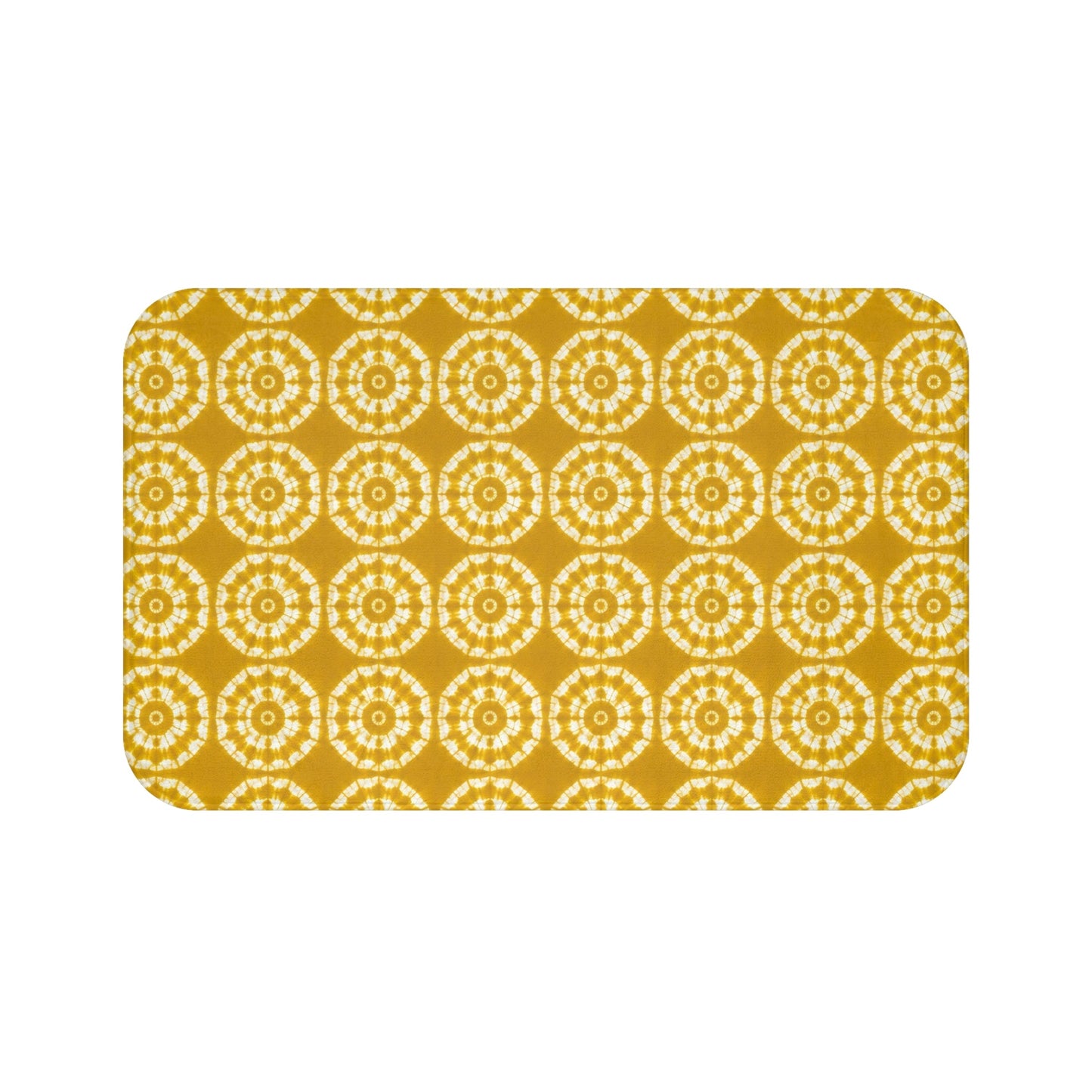 Japanese Shibori Bath Mat - Mustard + White Tie-Dye Pattern, Boho Bathroom Rug, Non-Slip, Spa Bathroom Decor