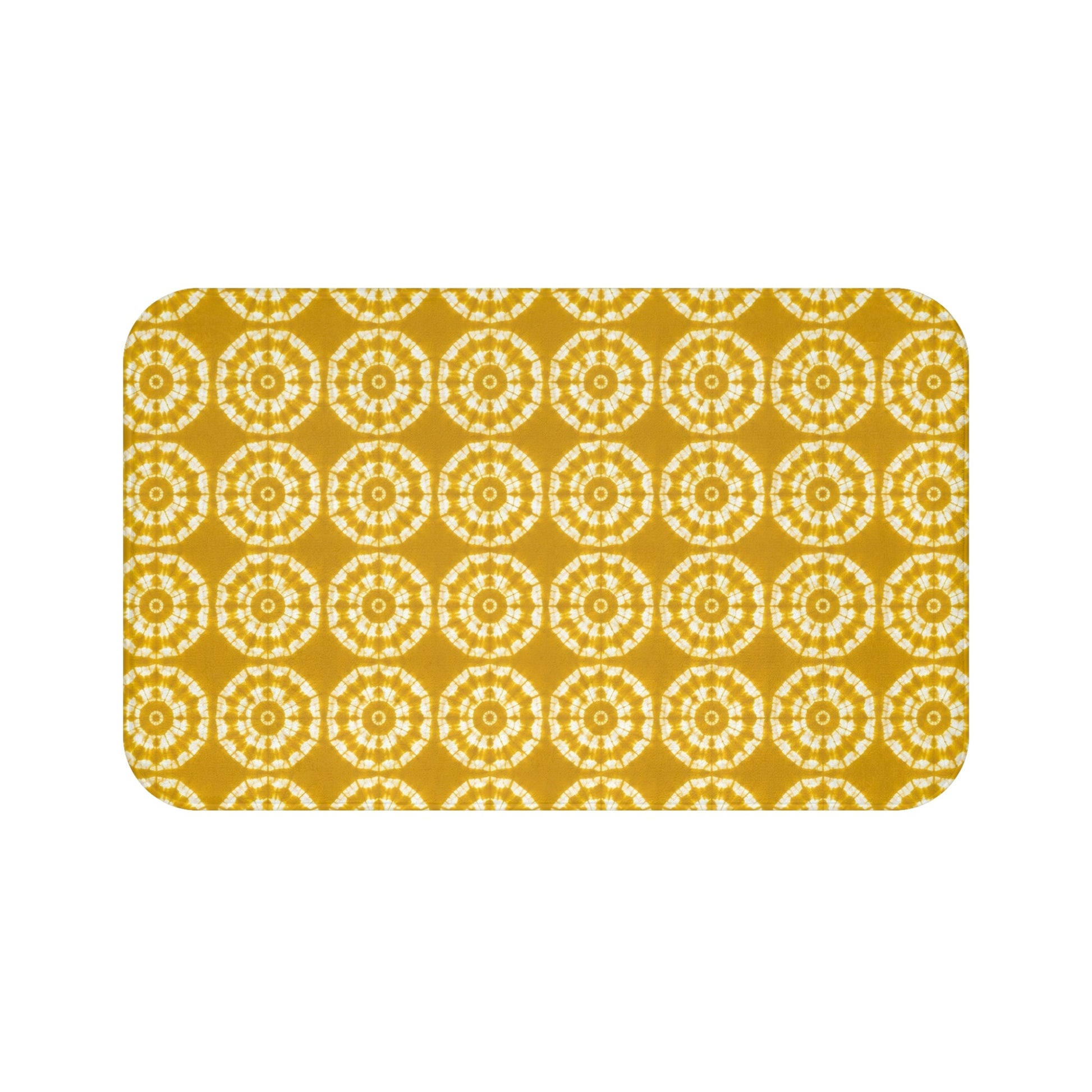 Japanese Shibori Bath Mat - Mustard + White Tie-Dye Pattern, Boho Bathroom Rug, Non-Slip, Spa Bathroom Decor